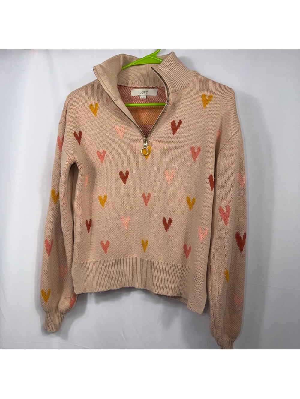 LOFT XS Heart Print Quarter Zip Sweater Cotton Blend